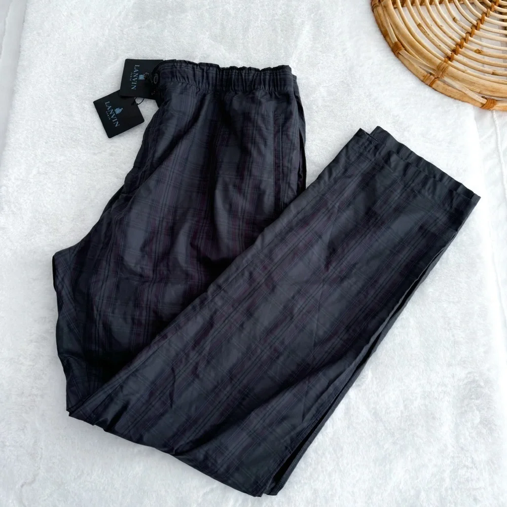 Lanvin Men’s Plaid Check Pants Lounge Elastic Waist Pockets Gray Navy Trousers